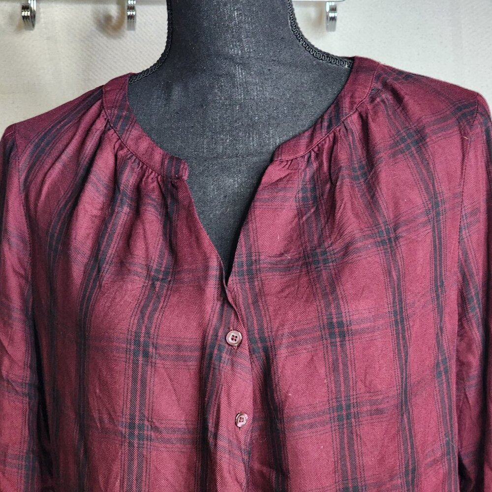 A.N.A. A New Approach Wine Black Plaid Long Tab Sleeve Button Up Faux Wrap Top S - Picture 5 of 16